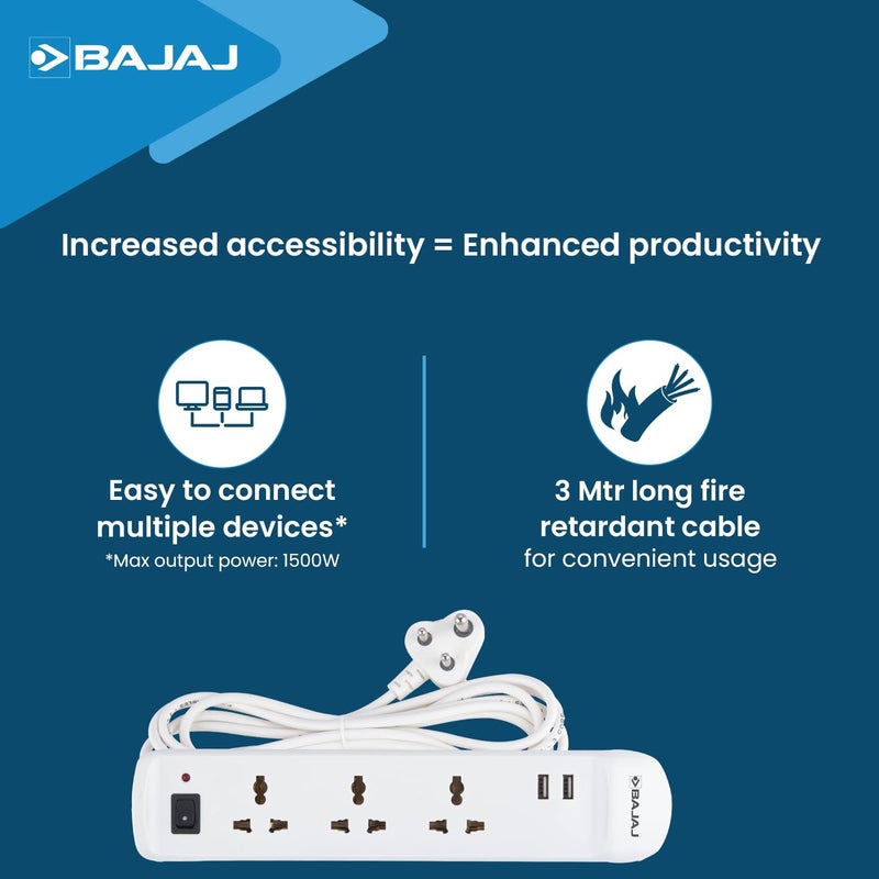 Bajaj Bajaj 3 Way Spike and Surge Guard with 2 USB 3 Meter Long Cable 3Pin Universal Sockets Fire Retardant Cable 6 Months Warranty Pack of 1 White  - Image 4