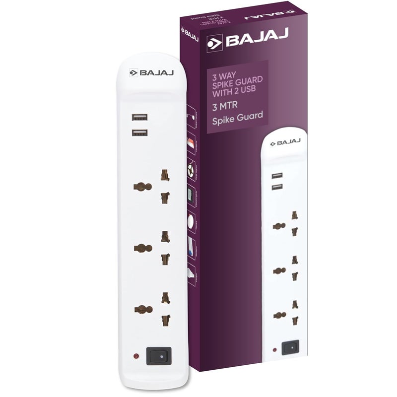 Bajaj Bajaj 3 Way Spike and Surge Guard with 2 USB 3 Meter Long Cable 3Pin Universal Sockets Fire Retardant Cable 6 Months Warranty Pack of 1 White  - Image 1