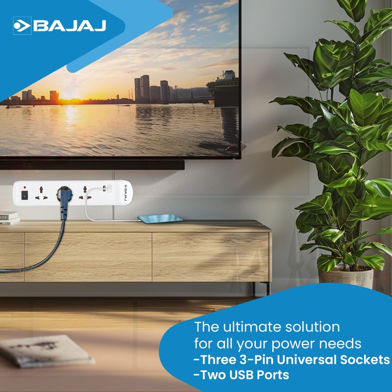 Bajaj Bajaj 3 Way Spike and Surge Guard with 2 USB 3 Meter Long Cable 3Pin Universal Sockets Fire Retardant Cable 6 Months Warranty Pack of 1 White  - Image 3