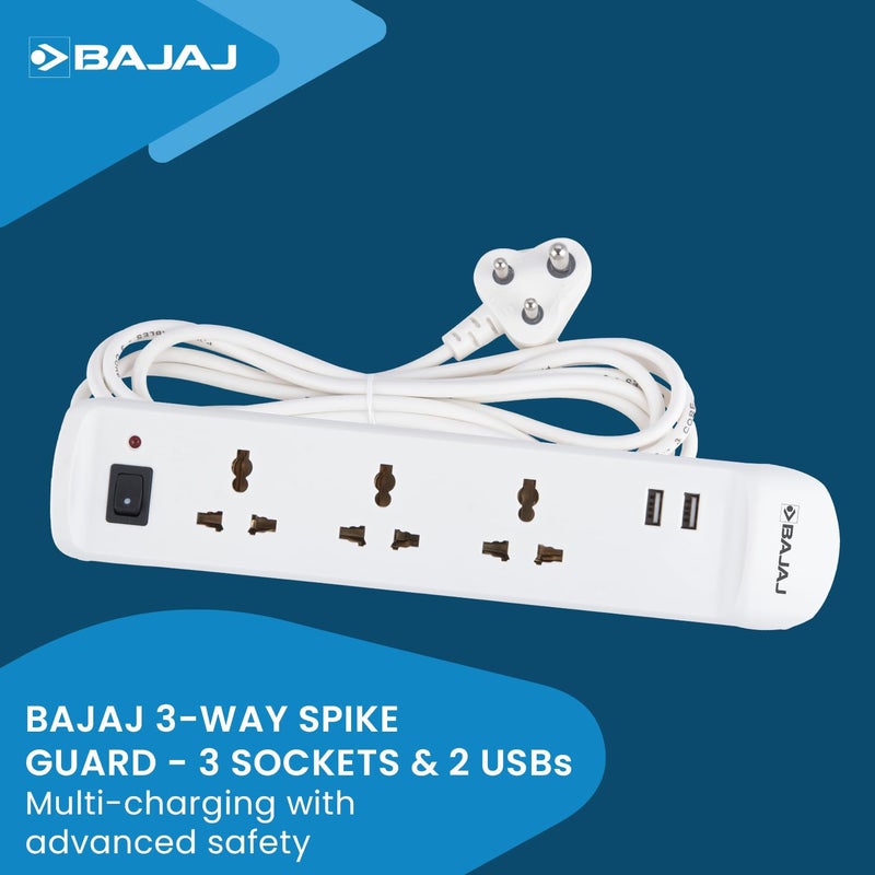 Bajaj Bajaj 3 Way Spike and Surge Guard with 2 USB 3 Meter Long Cable 3Pin Universal Sockets Fire Retardant Cable 6 Months Warranty Pack of 1 White  - Image 2