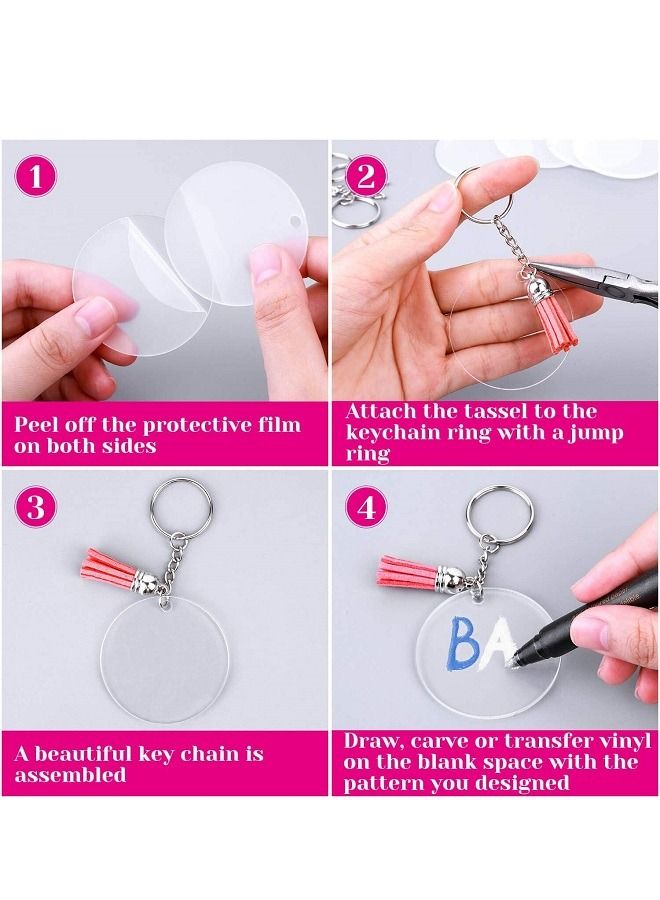 120pcs Clear Keychains for Vinyl Kit Including 30pcs Acrylic Blanks, 30pcs Keychain Tassels, 30pcs Key Chain Rings and 30pcs Jump Rings for DIY Keychain Vinyl Crafting