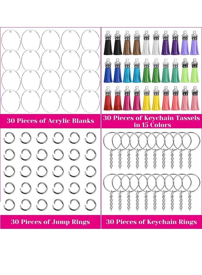 120pcs Clear Keychains for Vinyl Kit Including 30pcs Acrylic Blanks, 30pcs Keychain Tassels, 30pcs Key Chain Rings and 30pcs Jump Rings for DIY Keychain Vinyl Crafting