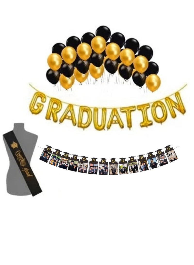 Graduation We Are Proud Of You Banners With Congratulation Sash Gold And Black Latex Balloon - Image 1