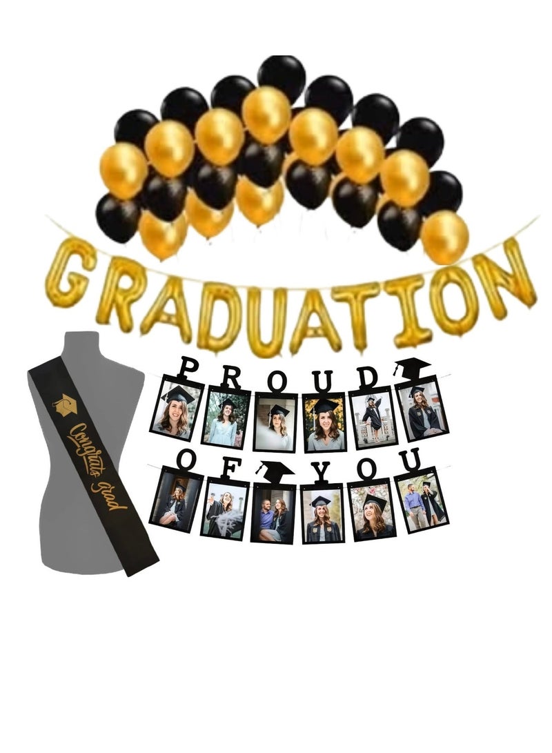 Graduation We Are Proud Of You Banners With Congratulation Sash Gold And Black Latex Balloon - Image 1
