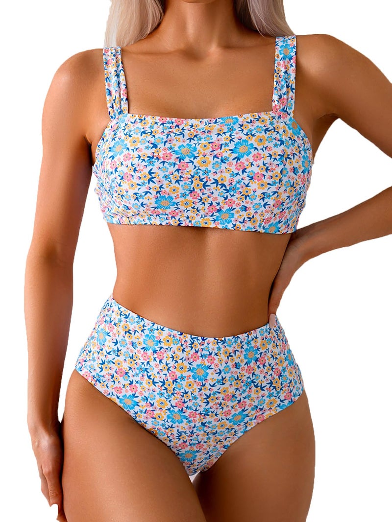 Fanuerg Women's High Waisted Bikini Sets Wide Straps Two Piece Swimsuit Blue Floral Print Bathing Suits M - Image 1
