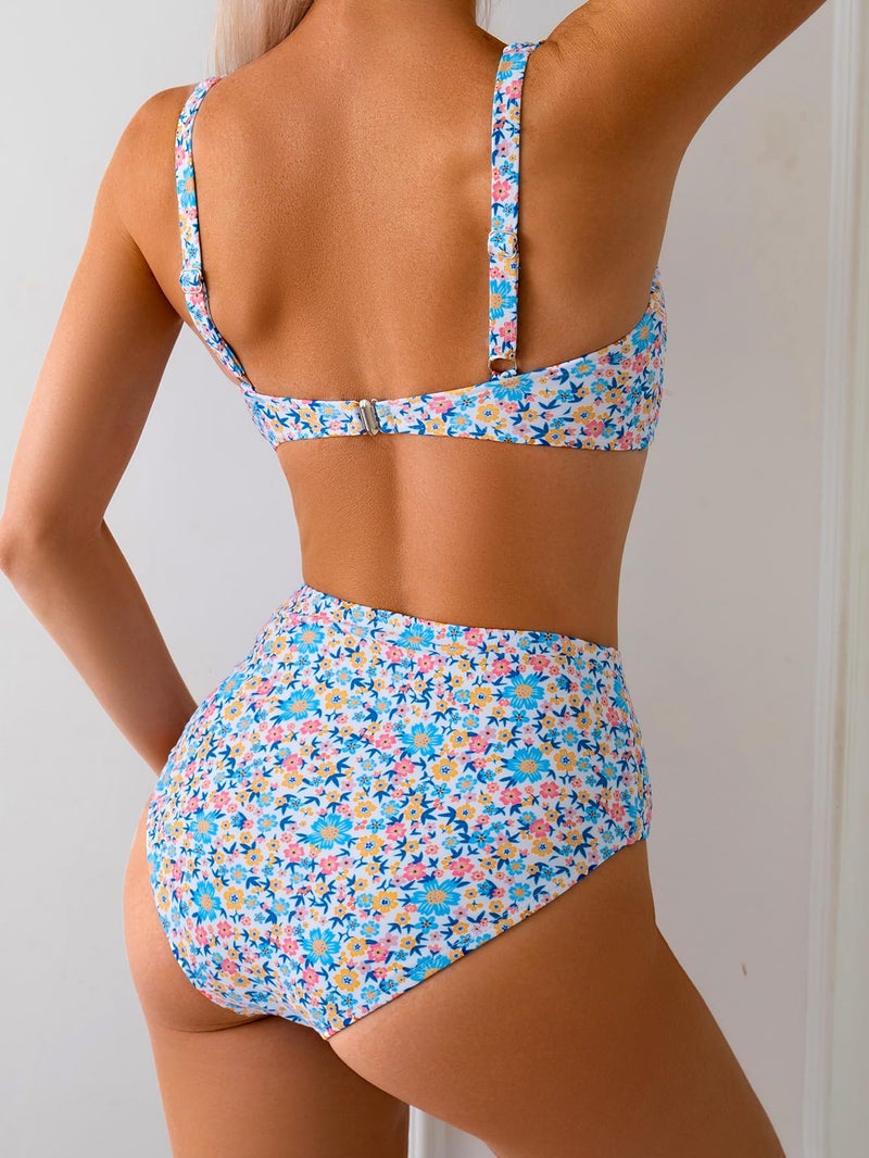 Fanuerg Women's High Waisted Bikini Sets Wide Straps Two Piece Swimsuit Blue Floral Print Bathing Suits M - Image 3