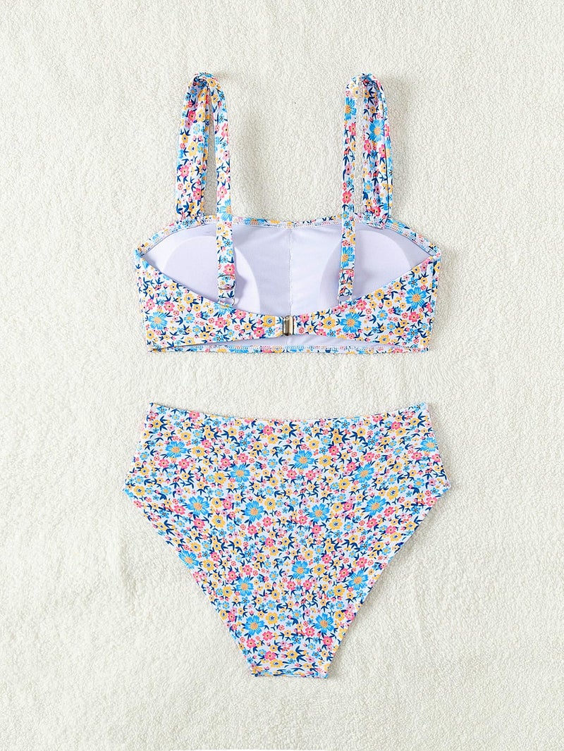 Fanuerg Women's High Waisted Bikini Sets Wide Straps Two Piece Swimsuit Blue Floral Print Bathing Suits M - Image 5