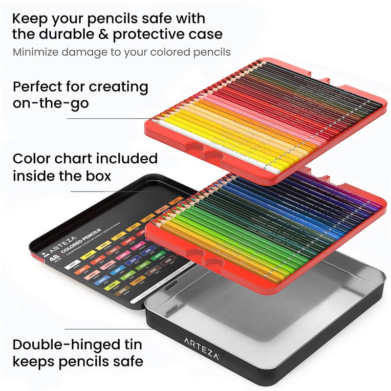 ARTEZA Colored Pencils, 48 Wax-Based Color Pencils, Vibrant Coloring Pencils in Tin Box for Adults, Professional Art Supplies - Image 5
