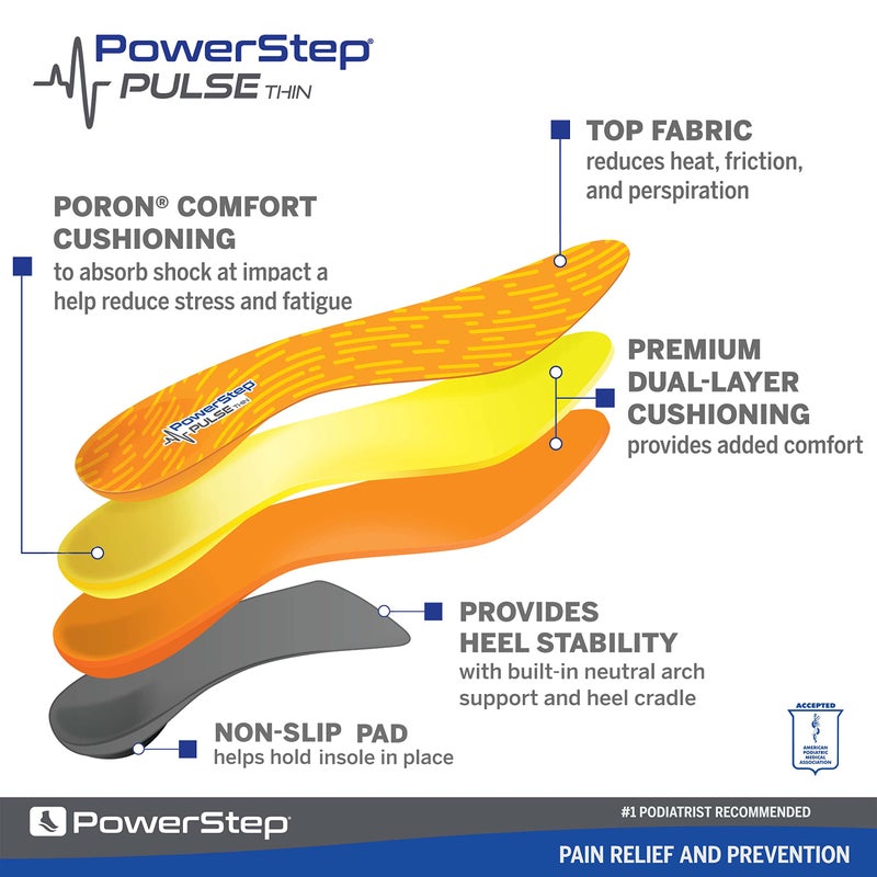 PowerStep Pulse Thin Orthotics - Arch Support Inserts + Pain Relief for Cleats & Tight Running Shoes - Insoles for Plantar Fasciitis  Mild Pronation & Shin Splints - Made in USA (M 4-4.5  F 6-6.5) - Image 2