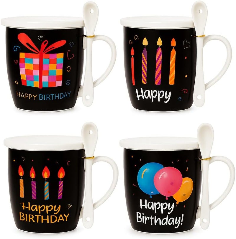 Fitto Ceramic Mug with Spoon and Lid, Black Outer, White Interior, Happy Birthday Candle Design - Image 2