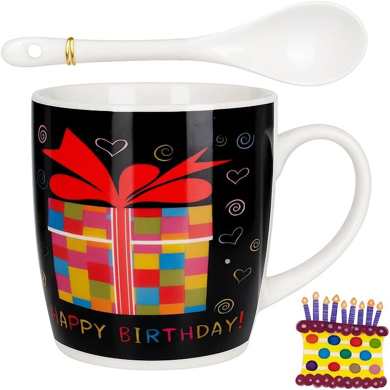 Fitto Ceramic Mug with Spoon and Lid, Black Outer, White Interior, Happy Birthday Candle Design - Image 4