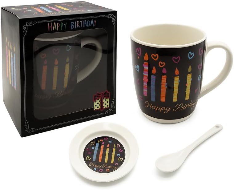 Fitto Ceramic Mug with Spoon and Lid, Black Outer, White Interior, Happy Birthday Candle Design - Image 1