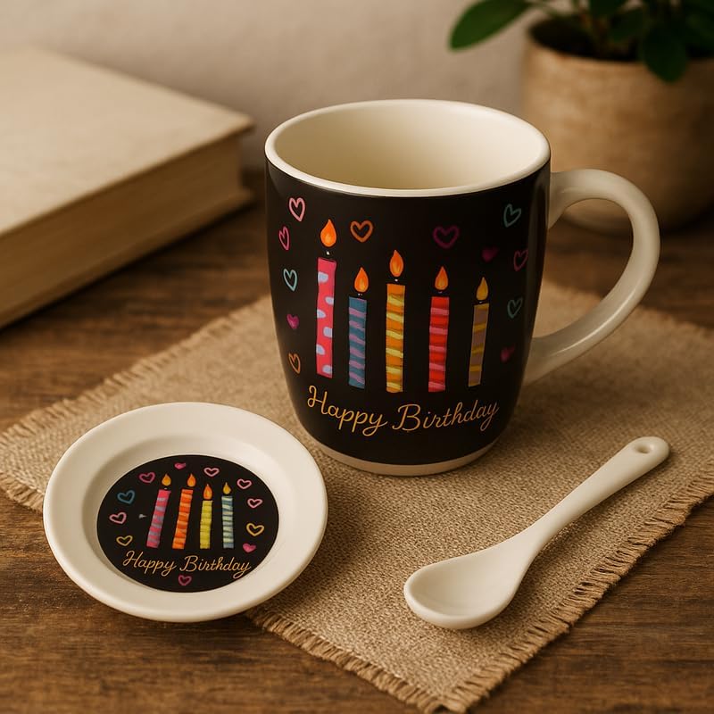 Fitto Ceramic Mug with Spoon and Lid, Black Outer, White Interior, Happy Birthday Candle Design - Image 3