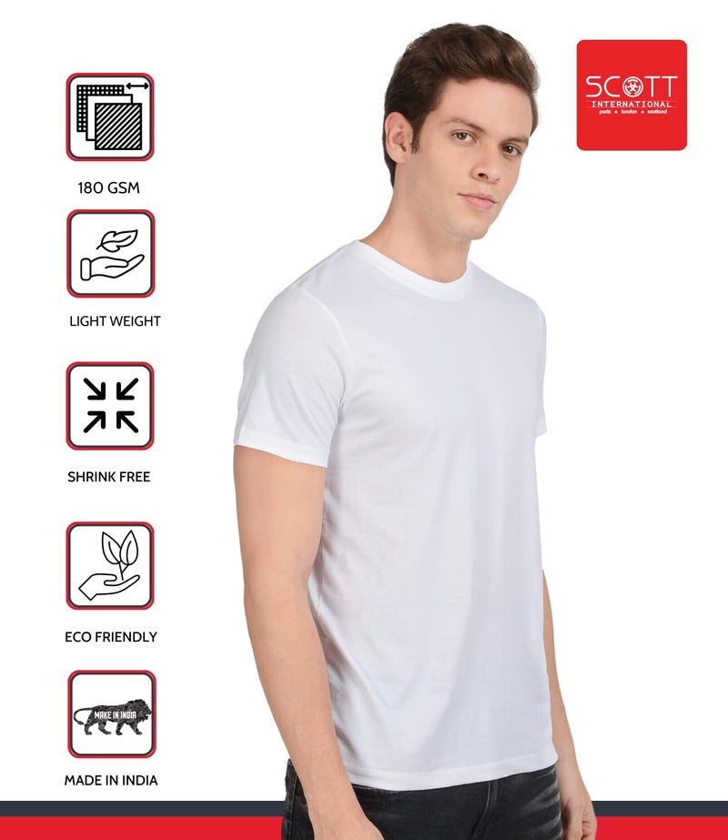 Scott International Men's 180 GSM Bio Wash Organic Cotton T-Shirt - Round Neck, Solid Plain White - Image 4
