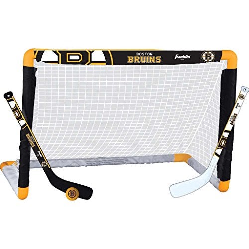 Franklin Sports Boston Bruins Mini Hockey Set - Knee Hockey Goal, Ball, & 2 Hockey Stick Combo Set - Mini Goal Net - NHL Official Hockey Set, 28" x 20" x 12" - Image 1