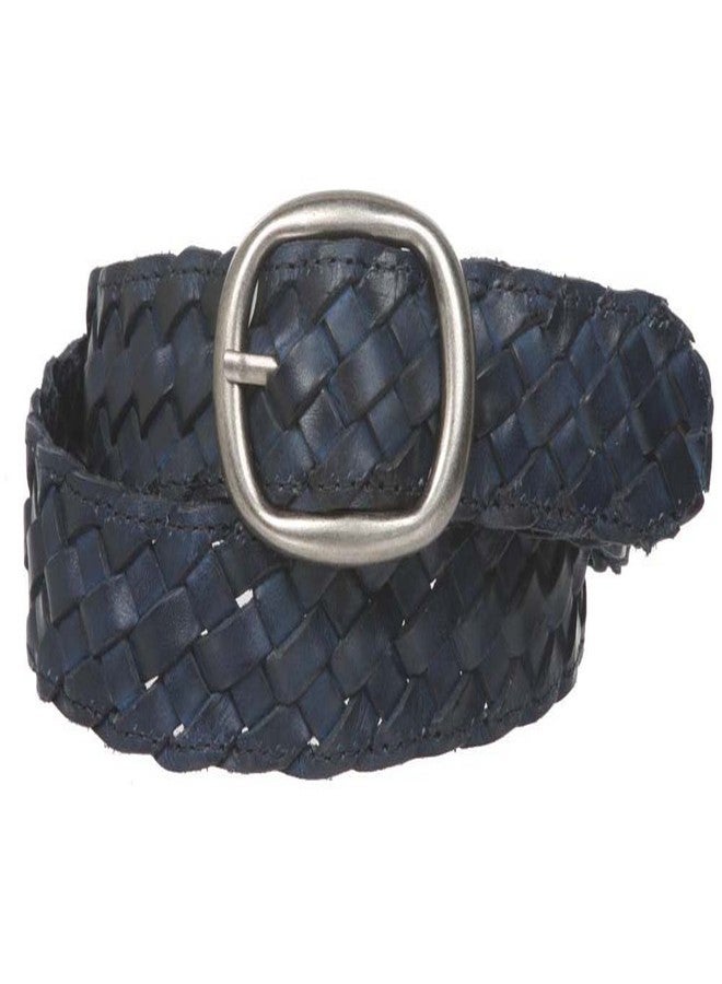 Beltiscool 1 1/4" Braided Woven Leather Oval Belt, Navy Blue | S/M - 32 - Image 1