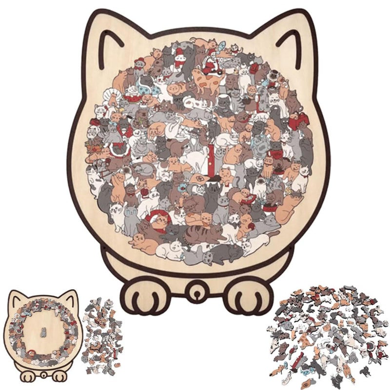 135-Piece Morandi-Colored Cat Shaped Wooden Jigsaw Puzzle, Framed by Adorable Cat Outlines, Wooden Stress-Relieving and Thinking Toys for Cats Lovers (Morandi Color) - Image 1