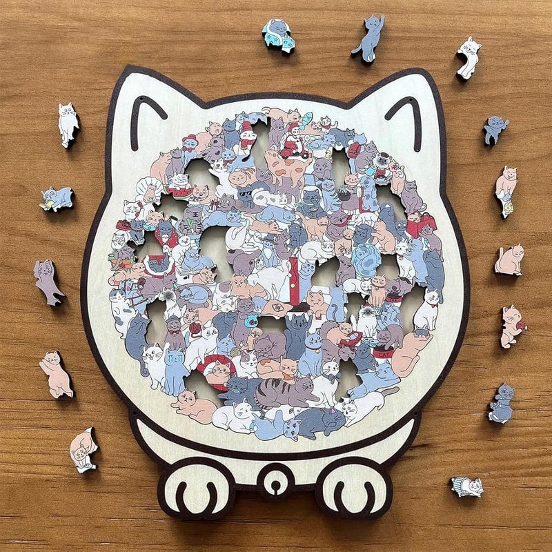 135-Piece Morandi-Colored Cat Shaped Wooden Jigsaw Puzzle, Framed by Adorable Cat Outlines, Wooden Stress-Relieving and Thinking Toys for Cats Lovers (Morandi Color) - Image 2