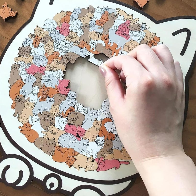 135-Piece Morandi-Colored Cat Shaped Wooden Jigsaw Puzzle, Framed by Adorable Cat Outlines, Wooden Stress-Relieving and Thinking Toys for Cats Lovers (Morandi Color) - Image 4