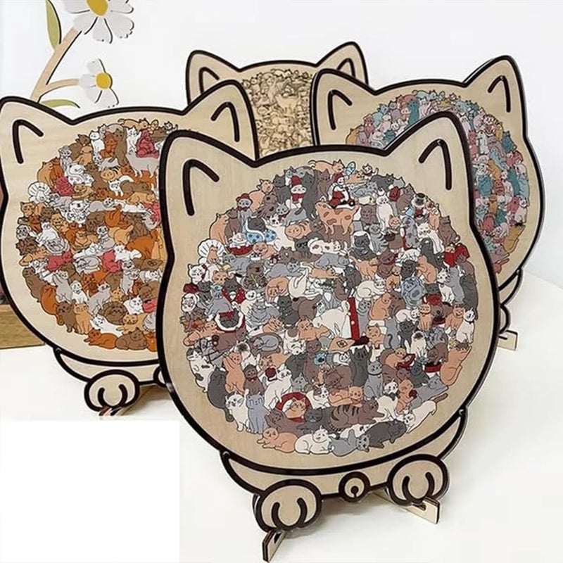 135-Piece Morandi-Colored Cat Shaped Wooden Jigsaw Puzzle, Framed by Adorable Cat Outlines, Wooden Stress-Relieving and Thinking Toys for Cats Lovers (Morandi Color) - Image 5