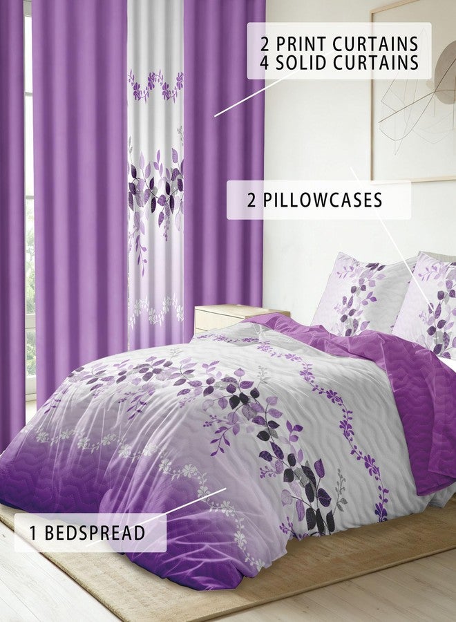 طقم سرير كوين من ريلوكس مكون من 9 قطع مع ستائر | غطاء سرير بوهيمي مزين بنقوش زهور بنفسجية، غطاءا وسادة، ستارتان مطبوعتان و4 ستائر سادة | مصنوع من ألياف دقيقة ناعمة كالحرير | مناسب لغرفة النوم أو ديكور الكرفان - Image 3
