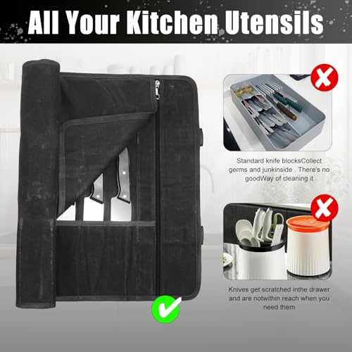 QEES Chef’s Knife Roll Bag,Waxed Canvas Chef Knife Bag,Portable 10 Slots Chef Knife Case Plus 1 Zipper Pockets Hold Home Kitchen Knife Tools Up To 18.8”,Heavy Duty Knife Bags For Chefs - Image 4
