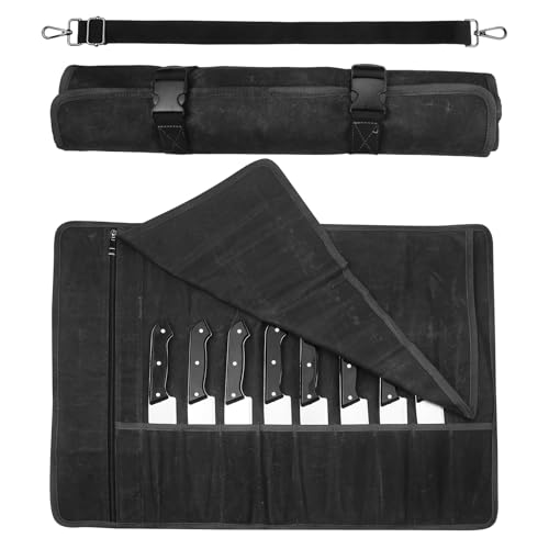 QEES Chef’s Knife Roll Bag,Waxed Canvas Chef Knife Bag,Portable 10 Slots Chef Knife Case Plus 1 Zipper Pockets Hold Home Kitchen Knife Tools Up To 18.8”,Heavy Duty Knife Bags For Chefs - Image 1
