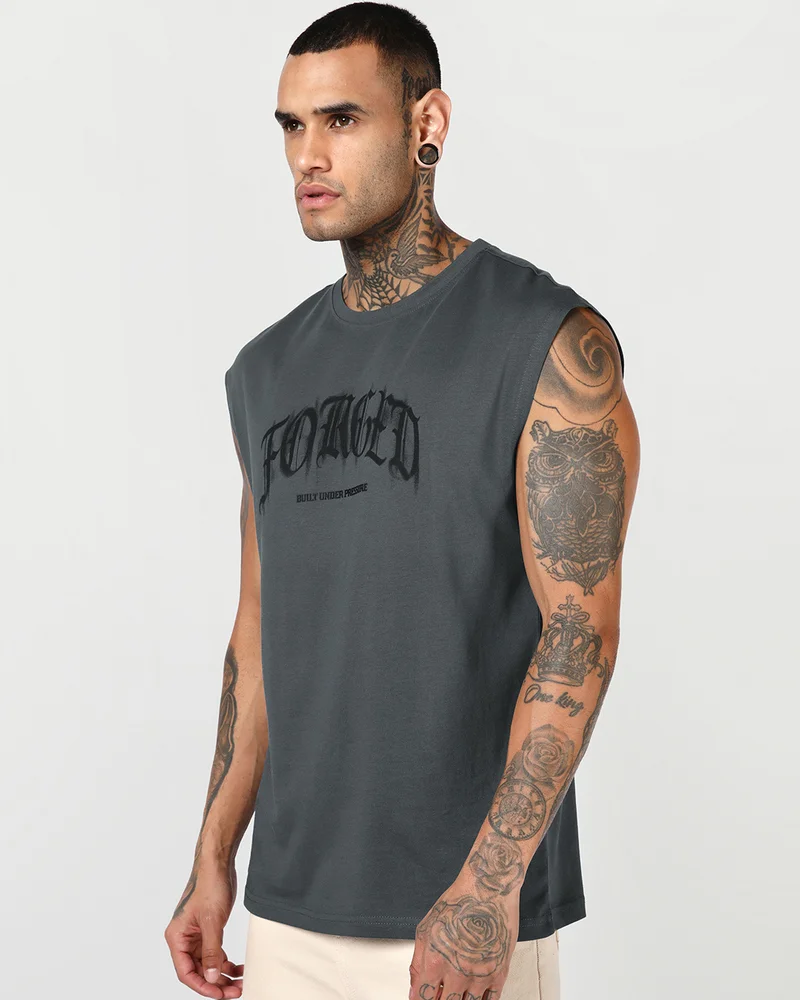 بيواكوف Men's Dark Shadow Grey Forged Typography Boxy Fit Vest