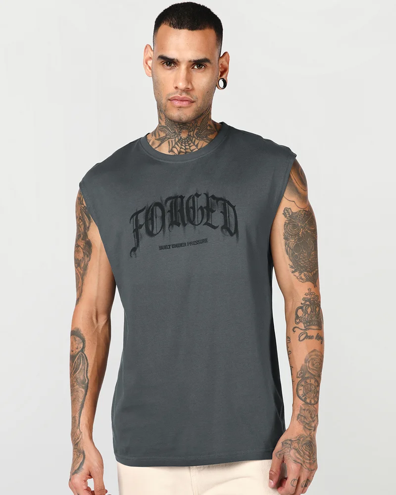 Men's Dark Shadow Grey Forged Typography Boxy Fit Vest