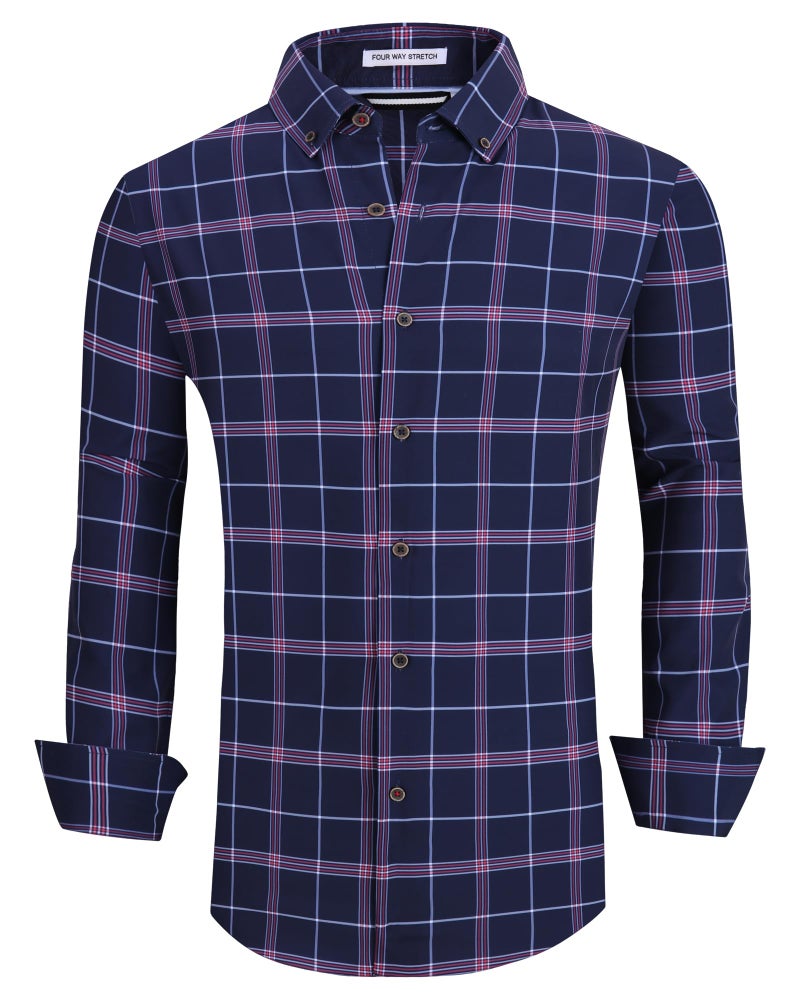 Alex Vando Mens Button Down Shirts Wrinkle Free 4-Way Stretch Print Business Casual Shirt,417 Navy/Red,M - Image 1