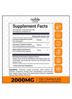 noble nature Turmeric Curcumin 95% Extract with Piperine 2000 MG Per Serving 120 Veg Capsules - Joint & General Wellness Support  - Image 2