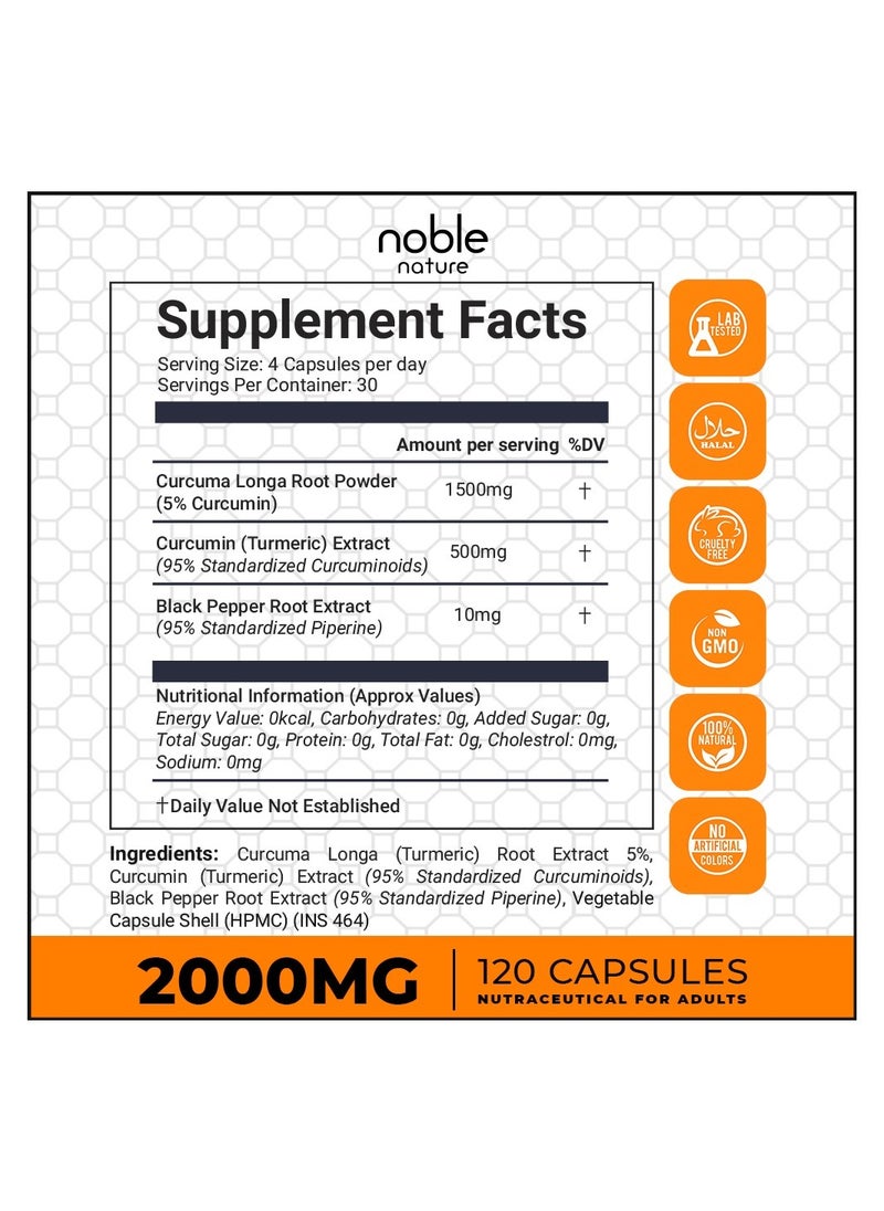 noble nature - Turmeric Curcumin 95% Extract with Piperine 2000 MG Per Serving 120 Veg Capsules - Joint & General Wellness Support - Image 1