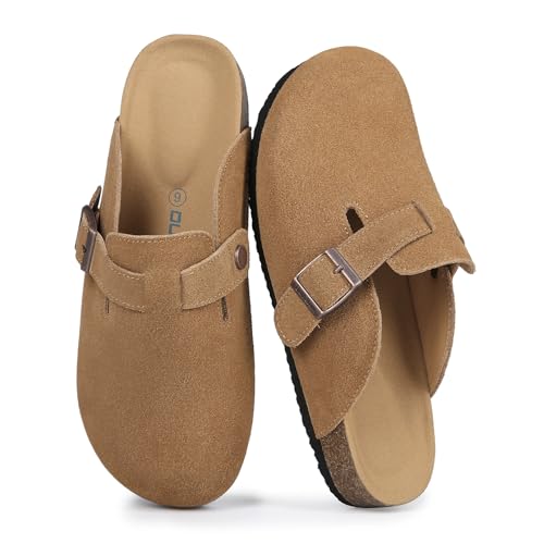 Dumalum Clogs for Women Mens Suede Leather Slip on Shoes Cork Footbed Mules Sandals with Arch Support Unisex Slippers Brown - Image 1