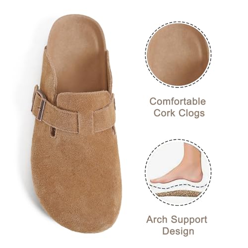 Dumalum Clogs for Women Mens Suede Leather Slip on Shoes Cork Footbed Mules Sandals with Arch Support Unisex Slippers Brown - Image 3