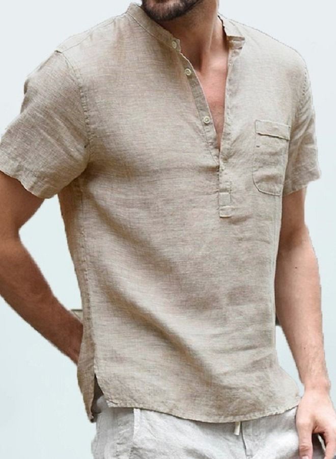Loquat Men's Flax Stand Collar Button Down Shirt 