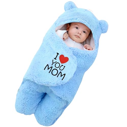 First Kick New born baby blanket hooded embroided wearable wrapper baby sleeping bag(0-6 Months, L 27 x B 13 Inches, I LOVE MOM, Sky blue) - Image 1