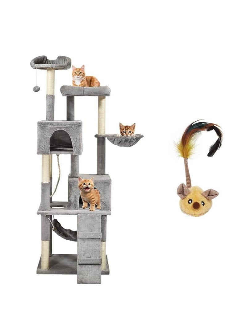 أن ان سي بيتس برج شجرة القطط مع لعبة تفاعلية، مجثمات قوية، أعمدة خدش وكرة تعليق، ملعب قطط متعدد المستويات بارتفاع 180 سم، سلم تسلق، وأرجوحة مريحة، سهل التجميع، (رمادي) - Image 1