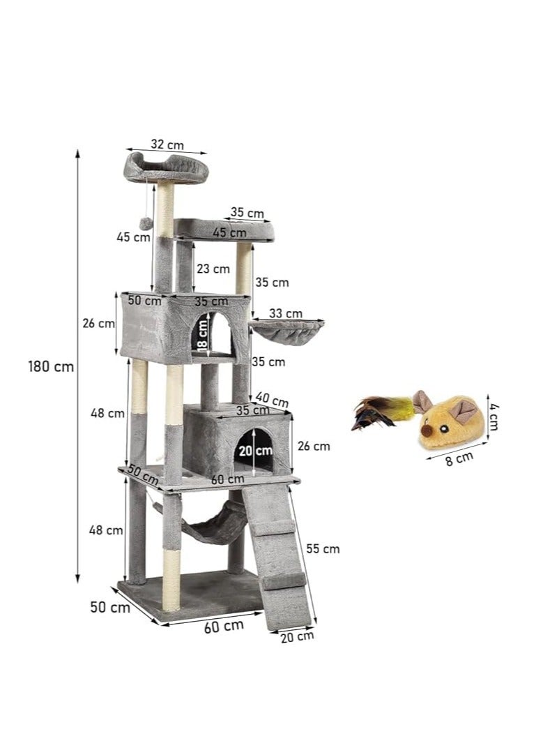 أن ان سي بيتس برج شجرة القطط مع لعبة تفاعلية، مجثمات قوية، أعمدة خدش وكرة تعليق، ملعب قطط متعدد المستويات بارتفاع 180 سم، سلم تسلق، وأرجوحة مريحة، سهل التجميع، (رمادي) - Image 2