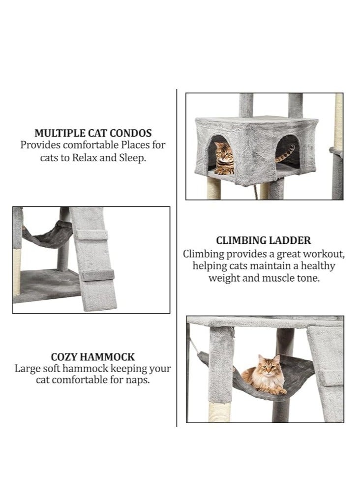 أن ان سي بيتس برج شجرة القطط مع لعبة تفاعلية، مجثمات قوية، أعمدة خدش وكرة تعليق، ملعب قطط متعدد المستويات بارتفاع 180 سم، سلم تسلق، وأرجوحة مريحة، سهل التجميع، (رمادي) - Image 4