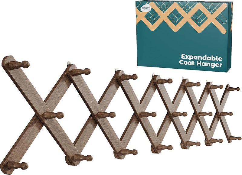 OROPY Wood Accordion Wall Hanger, Expandable Coat Rack Wall Mount with 20 Pegs, Expanding Hat Rack for Wall Walnut Color - Image 2
