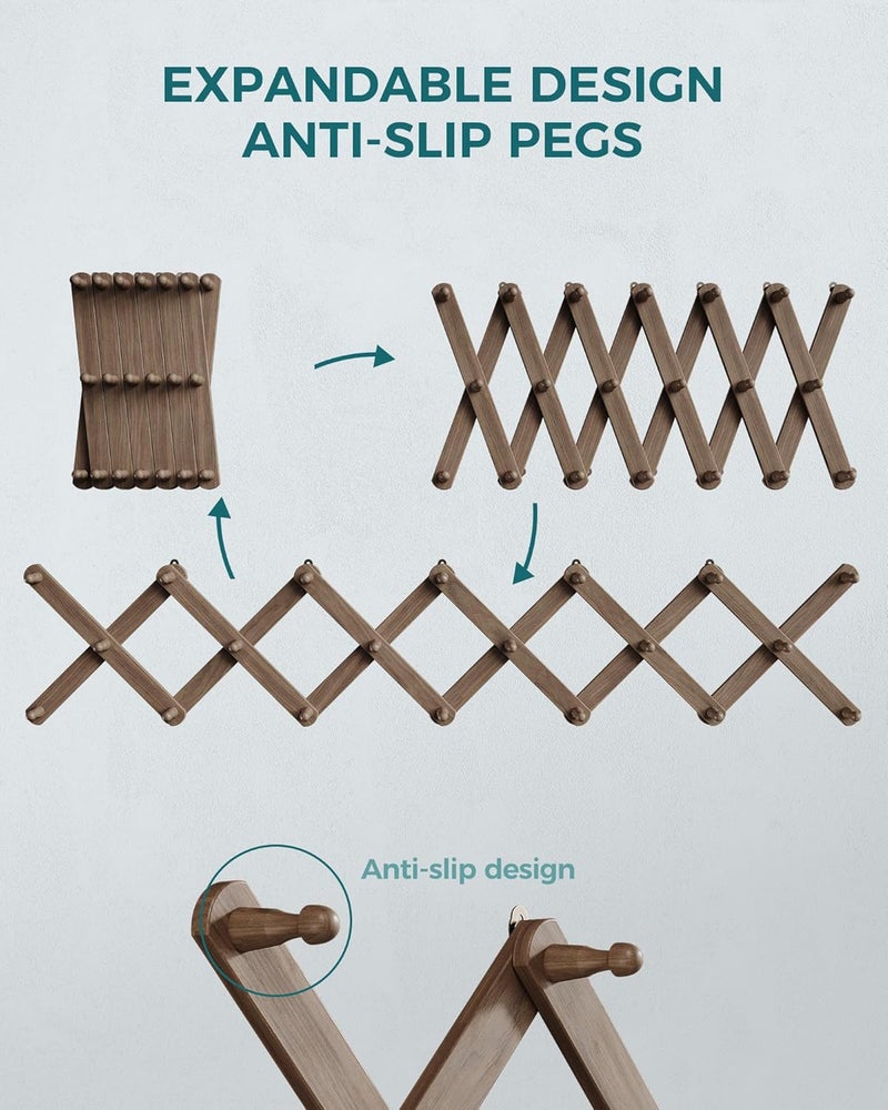 OROPY Wood Accordion Wall Hanger, Expandable Coat Rack Wall Mount with 20 Pegs, Expanding Hat Rack for Wall Walnut Color - Image 4