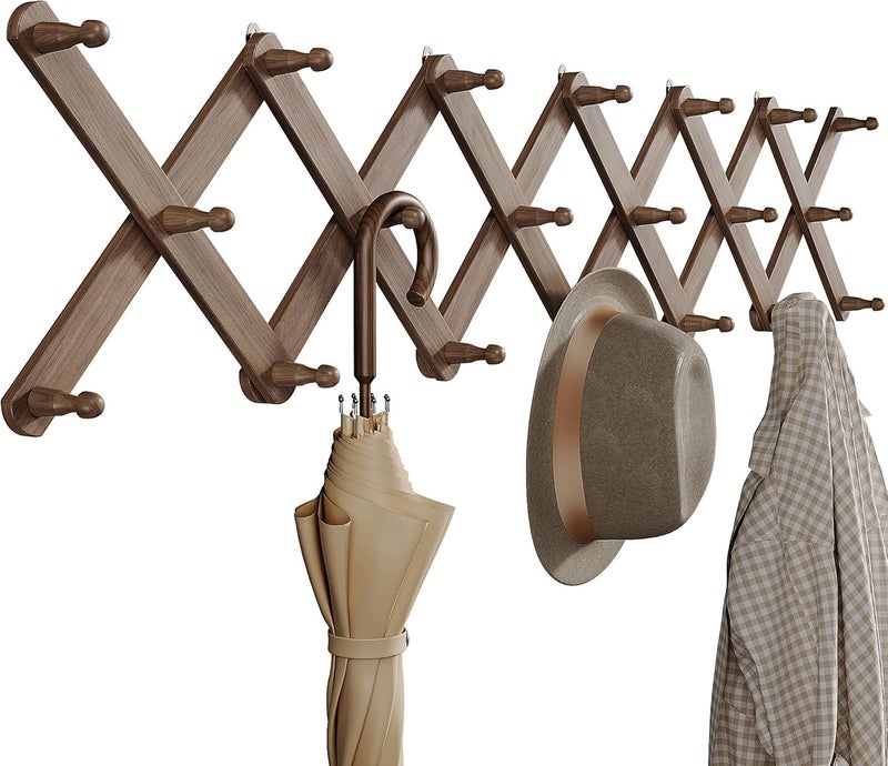 OROPY Wood Accordion Wall Hanger, Expandable Coat Rack Wall Mount with 20 Pegs, Expanding Hat Rack for Wall Walnut Color - Image 1