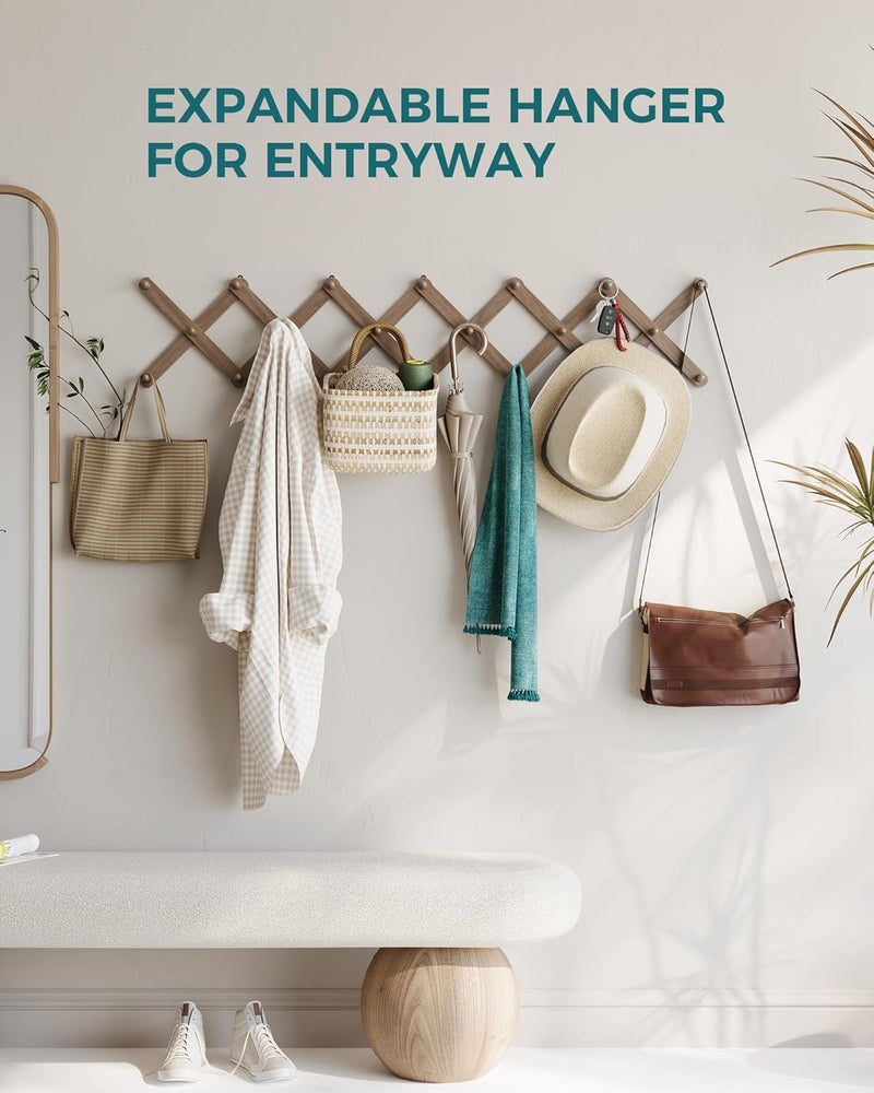 OROPY Wood Accordion Wall Hanger, Expandable Coat Rack Wall Mount with 20 Pegs, Expanding Hat Rack for Wall Walnut Color - Image 3