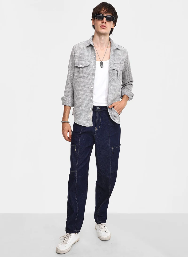 Campus Sutra Men's Ash Grey & Ivory White Basket-Weave Shirt