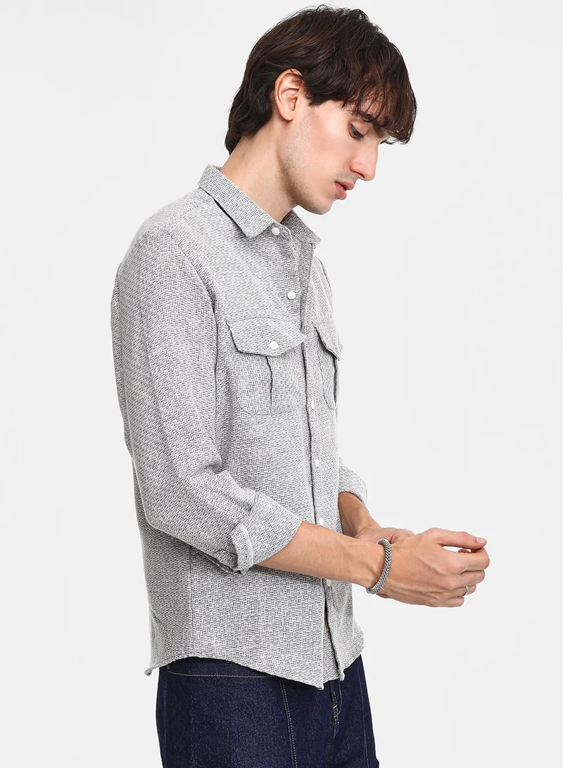 Campus Sutra Men's Ash Grey & Ivory White Basket-Weave Shirt