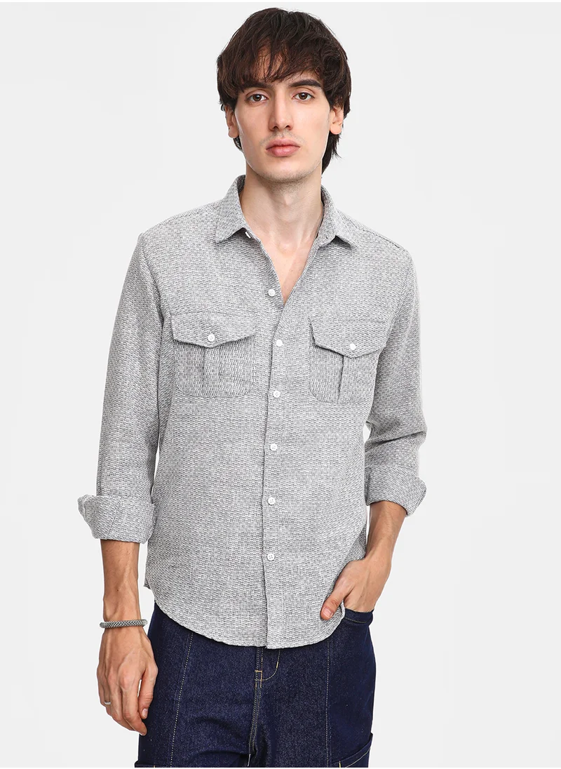 كامبوس سوترا Men's Ash Grey & Ivory White Basket-Weave Shirt