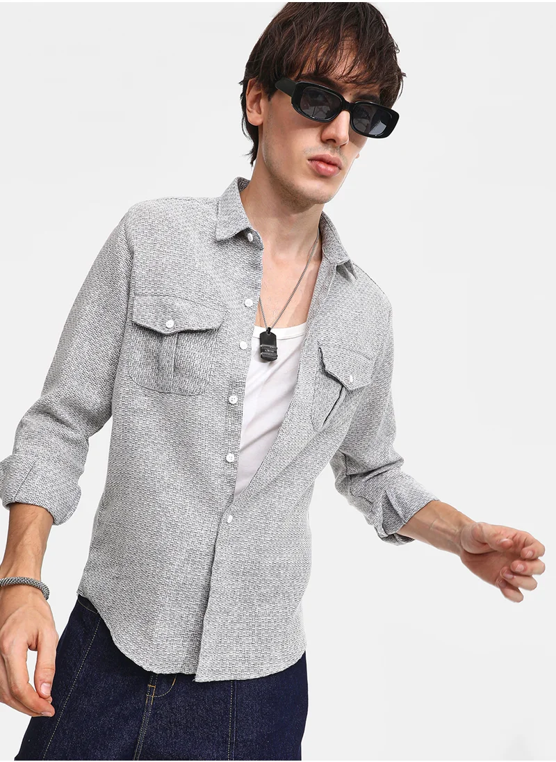 كامبوس سوترا Men's Ash Grey & Ivory White Basket-Weave Shirt