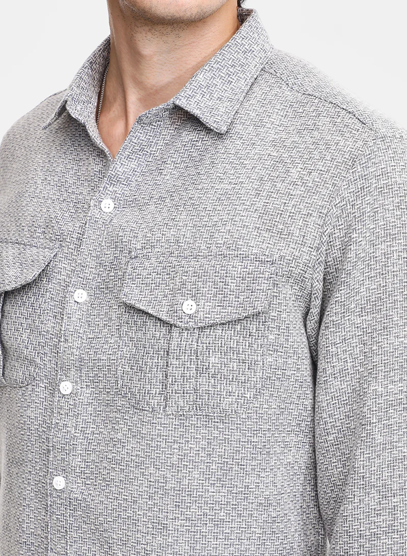 Campus Sutra Men's Ash Grey & Ivory White Basket-Weave Shirt