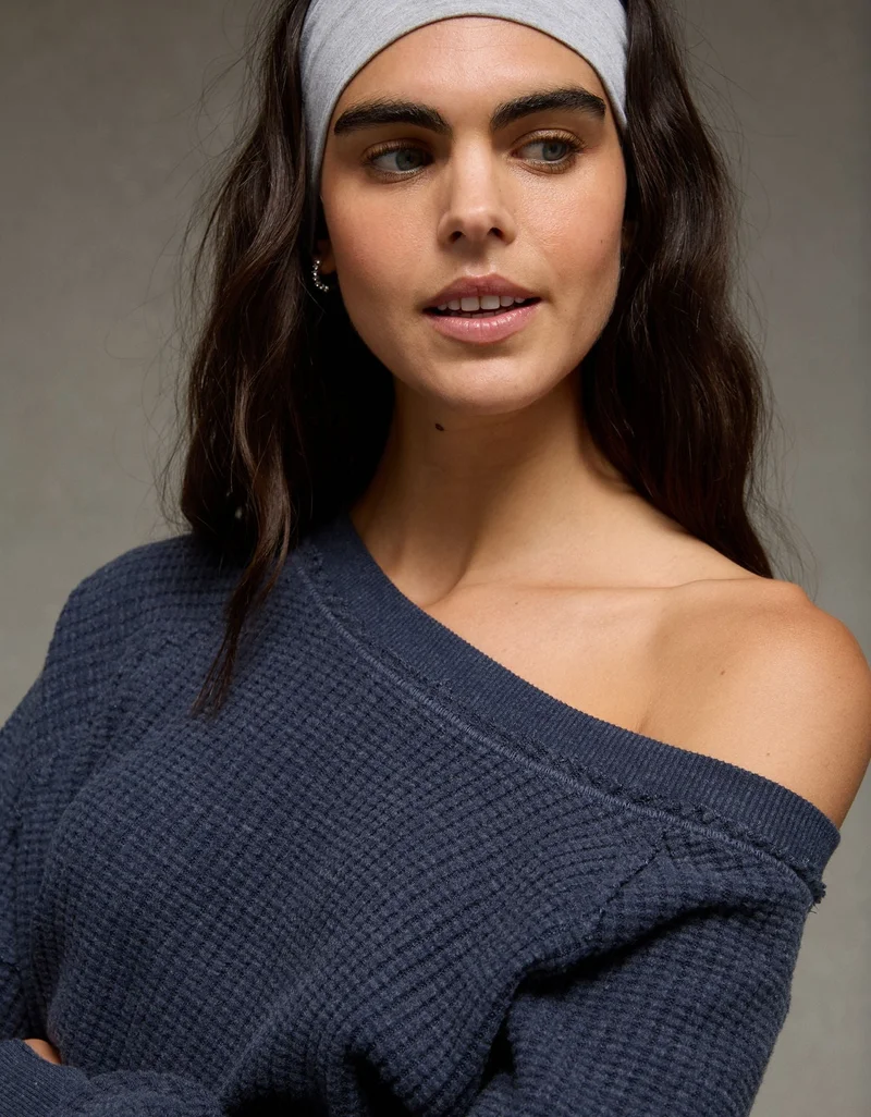 American Eagle  AE Big Hug Off-The-Shoulder Waffle Sweatshirt for Women | Best Price UAE