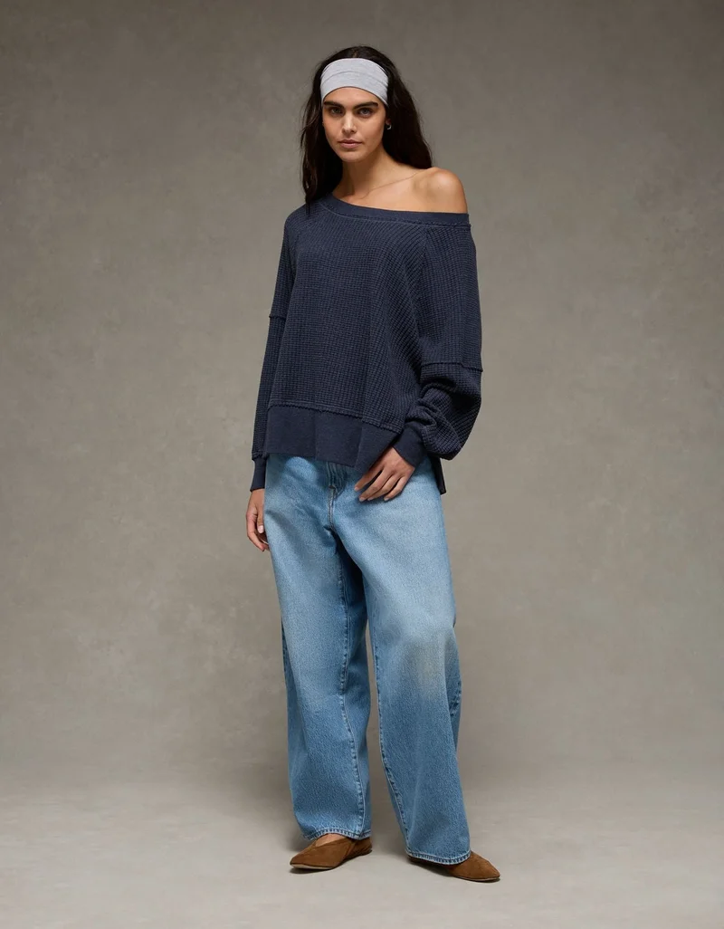 American Eagle AE Big Hug Off-The-Shoulder Waffle Sweatshirt